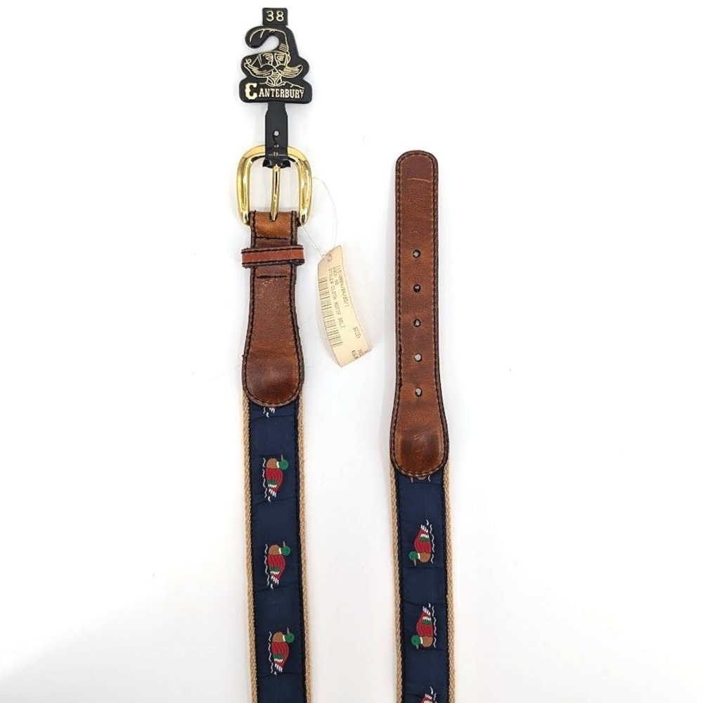 NWT Vintage Canterbury Mallard Duck Embroidered Belt Leather Brass Navy Size 38 - Picture 4 of 5
